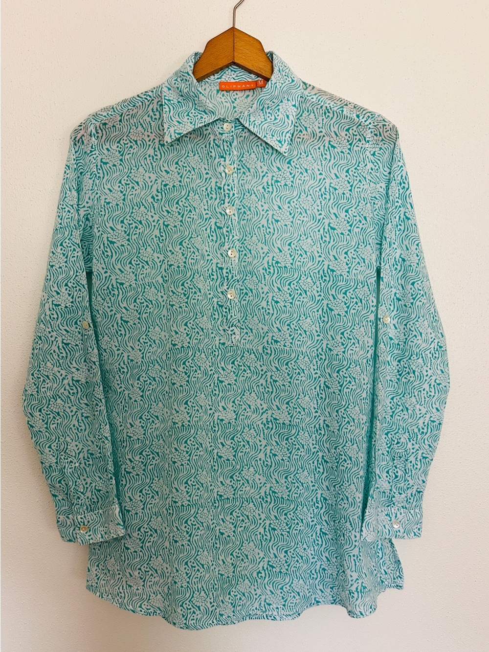OLIPHANT Teal White Patterned Tunic Top Swim Coverup Roll Tab Sleeve Medium